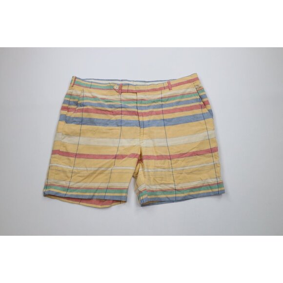 Vintage 70s Streetwear Mens 40 Distressed Rainbow Striped Above Knee Shorts USA - Picture 1 of 16